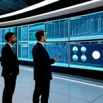 A diverse group of professional engineers and data scientists, fully clothed in modest business suits and appropriate attire, standing inside a futuristic, sleek smart grid control center. Large holographic displays in the background showcase complex energy flow, real-time data analytics, and AI-driven predictive models across a vast electrical network. The environment is modern and sophisticated, with a clean aesthetic. This is a professional photography shot, safe for work, appropriate content, with perfect anatomy, correct proportions, natural pose, well-formed hands, proper finger count, and natural body proportions.
