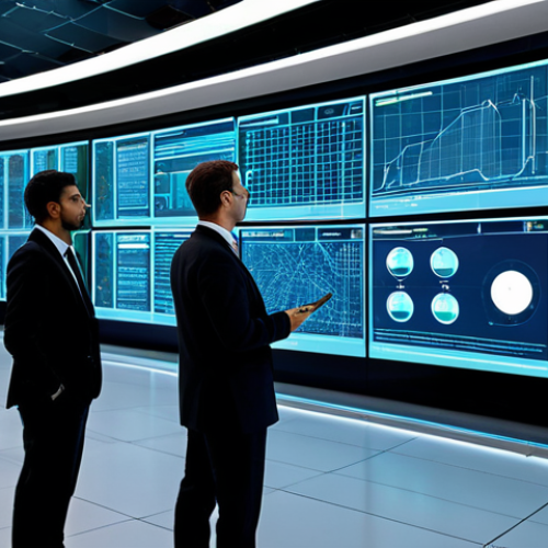 A diverse group of professional engineers and data scientists, fully clothed in modest business suits and appropriate attire, standing inside a futuristic, sleek smart grid control center. Large holographic displays in the background showcase complex energy flow, real-time data analytics, and AI-driven predictive models across a vast electrical network. The environment is modern and sophisticated, with a clean aesthetic. This is a professional photography shot, safe for work, appropriate content, with perfect anatomy, correct proportions, natural pose, well-formed hands, proper finger count, and natural body proportions.