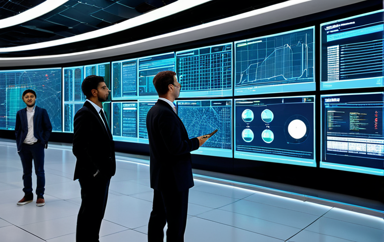 A diverse group of professional engineers and data scientists, fully clothed in modest business suits and appropriate attire, standing inside a futuristic, sleek smart grid control center. Large holographic displays in the background showcase complex energy flow, real-time data analytics, and AI-driven predictive models across a vast electrical network. The environment is modern and sophisticated, with a clean aesthetic. This is a professional photography shot, safe for work, appropriate content, with perfect anatomy, correct proportions, natural pose, well-formed hands, proper finger count, and natural body proportions.